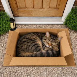 Curled Tabby Cat Asleep in Cardboard Box for Cozy Cat Lover Home Decor Gift Idea Doormat