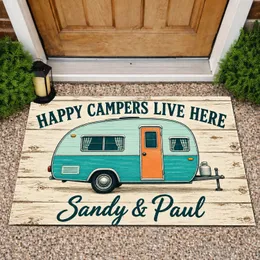 Vintage Campervan Scene for Happy Camping Couples and Cozy Road Trip Enthusiasts Doormat