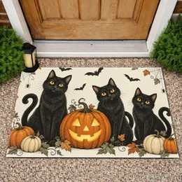 Three Black Cats And Jack-O'-Lanterns For A Spooky Halloween Entryway Gathering Doormat