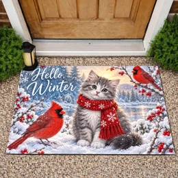 Winter Kitten and Cardinal Scene for Cozy Holiday Home Decor Doormat
