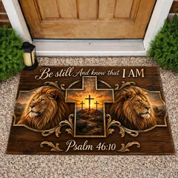 Lion And Cross Scripture Scene for Faith-Filled Christian Home Entryway Inspiration Doormat
