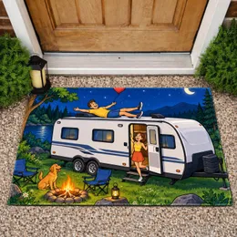 Night Camping Couple With RV And Heart Balloon For Cozy Outdoor Adventure Lovers Doormat