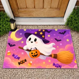 Cute Ghost Witch Riding A Broom With Pumpkin Pail For Whimsical Halloween Entryways Doormat