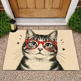 Red Glasses Cat Portrait For Quirky Pet Lovers And Playful Home Entryways Doormat