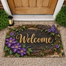 Purple Floral Wreath Welcome Greeting for Cozy Farmhouse Entryway Home Style Doormat