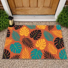 Tropical Leaf Motif in Terracotta, Turquoise and Gold for a Sunny Home Entry Doormat