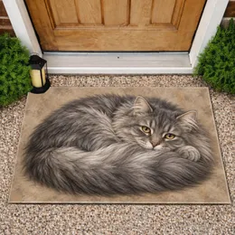 Fluffy Gray Cat Resting Cozy Home Accent for Cat Lovers and Calm Living Spaces Doormat