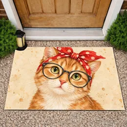 Orange Cat with Red Polka-Dot Scarf and Glasses for Cozy Cat-Loving Home Decor Fans Doormat