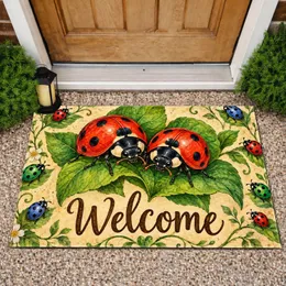 Two Scarlet Ladybugs on Green Leaves for Cheerful Spring Entryway and Nature Lovers Doormat