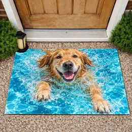 Golden Retriever Swimming in Blue Pool Water for Summer Fun and Happy Dog Lovers Doormat