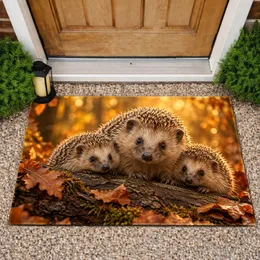 Hedgehog Family in Golden Autumn Light for Cozy Woodland Homes and Nature Lovers Doormat