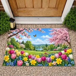 Cherry Blossom Tulip Garden for Springtime Nature Lovers and Floral Home Style Doormat