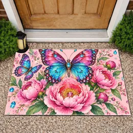 Jeweled Butterfly And Pink Peony Garden For A Sparkling, Colorful Home Entryway Doormat