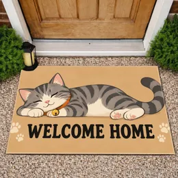 Sleepy Gray Cat Welcome Home Scene for Cozy Everyday Entryway Decor for Cat Lovers Doormat