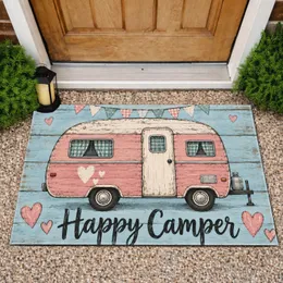 Pink Vintage Camper Van with Hearts for Road Trip Lovers and Pastoral RV Living Charm Doormat