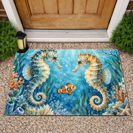 Watercolor Seahorse Pair and Clownfish for a Calm Coastal Ocean Home Entryway Accent Doormat