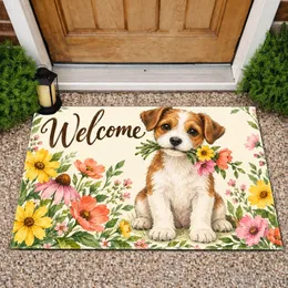 Watercolor Puppy With Spring Blossoms for a Cheerful Seasonal Home Entrance Gift Doormat
