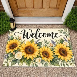 Watercolor Sunflower Welcome Floral Bouquet for a Cheerful Country Home Entrance Doormat