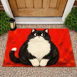 Black And White Cat On Vivid Red Ground For Playful Cat Lover Home Entryway Decor Doormat