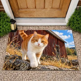 Orange and White Cat Exploring Rustic Barnyard Rocks for Cozy Country Style Living Doormat
