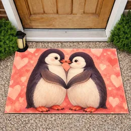 Pink Heart Penguin Couple for Romantic Valentine's Day Entryway Gifts for Couples Doormat