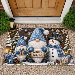 Blue Christmas Gnomes And Snowman For A Cozy Festive Winter Holiday At Home Doormat