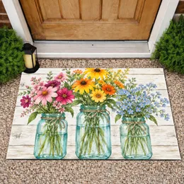 Watercolor Mason Jars With Wildflowers For Cheerful Cottage And Farmhouse Home Decor Doormat