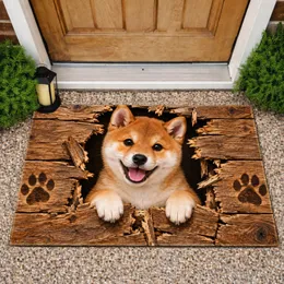 Smiling Shiba Inu Wooden Breakthrough for Cozy Autumn Homes and Dog Lovers Doormat