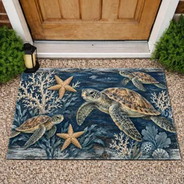 Sea Turtle And Starfish Coastal Scene For Relaxed Ocean Inspired Home Living Doormat