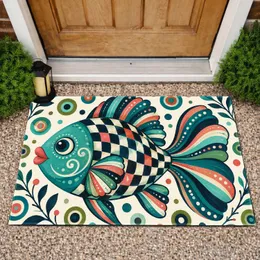 Colorful Folk Art Fish for Cheerful Coastal Homes and Playful Everyday Living Spaces Doormat