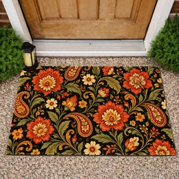 Black Red Gold Folk Floral Scrolls for Cozy Entryways and Colorful Home Styling Gifts Doormat