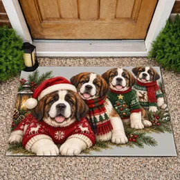 Four Christmas Saint Bernard Puppies in Festive Sweaters for Cozy Holiday Home Cheer Doormat