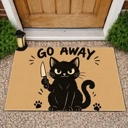 Black Cat Holding a Knife with Go Away Quote for Quirky Halloween Home Entryway Doormat