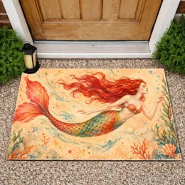 Red Haired Mermaid Swimming Through Ocean Colors for Coastal Home Decor and Sea Lovers Doormat