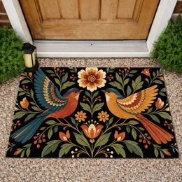 Folk Art Pair of Birds and Blooms for a Cozy Nature-Inspired Home Entryway Decor Doormat