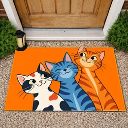 Three Cartoon Cats on Vivid Orange for Playful Cat Lover Spaces and Cozy Home Entryways Doormat