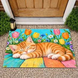Sleeping Ginger Tabby Kitten Among Tulips and Wildflowers for Cozy Cat-Lover Homes Doormat