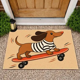 Cartoon Dachshund Skateboarding Art for Playful Pet Lovers and Dog Fans Doormat