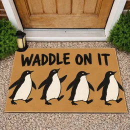 Penguin Parade Waddle On It Saying for Cheerful Winter Entryway and Bird Lovers Home Doormat