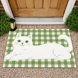 White Stretching Cat on Green Gingham for Cozy Cat Lover Entryways and Pet Homes Doormat