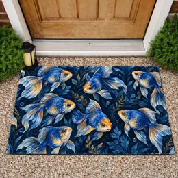 Vivid Blue Goldfish School for Serene Coastal Homes and Aquatic Nature Lovers at Home Doormat