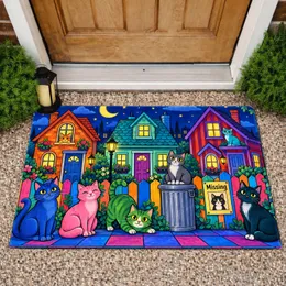 Colorful Cartoon Cats And Whimsical Houses For Playful Cat Lover Home Decorating Doormat