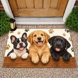 Three Playful Puppies With Paw Prints For A Cheerful Pet-Loving Home Entryway Accent Doormat