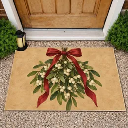 Red Ribbon Mistletoe Botanical for Cozy Christmas Entryway and Holiday Home Styling Doormat