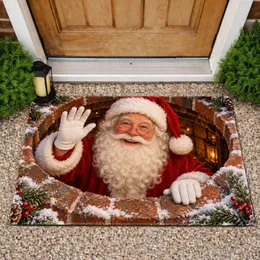 Santa Claus Emerging Through a Snow-Dusted Brick Chimney for Cozy Christmas Cheer Doormat