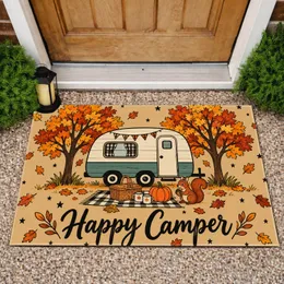 Autumn Camping Trailer With Forest Trees And Picnic Scene For Happy Camper Enthusiasts Doormat