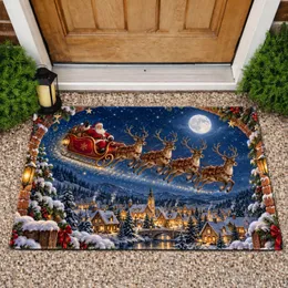 Santa Sleigh Over Snowy Village for Cozy Christmas Holiday Home Decorating And Cheer Doormat
