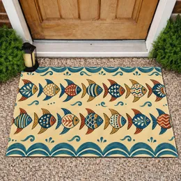 Colorful Folk Art Fish for Cheerful Coastal Kitchen and Easter Season Home Styling Doormat