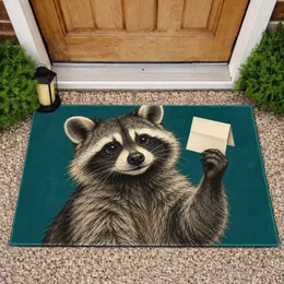 Curious Raccoon Carrying Paper Note for Whimsical Woodland Home Decor Lovers Doormat
