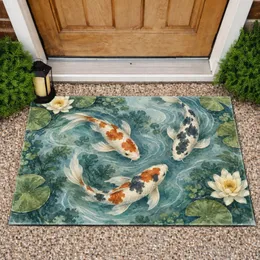 Water Lily and Koi Pond Scene for Serene Bathroom and Entryway Decor Doormat